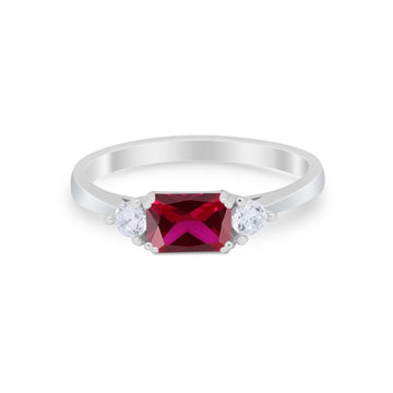 Three Stone Wedding Ring Emerald Cut Simulated Ruby CZ 925 Sterling Silver